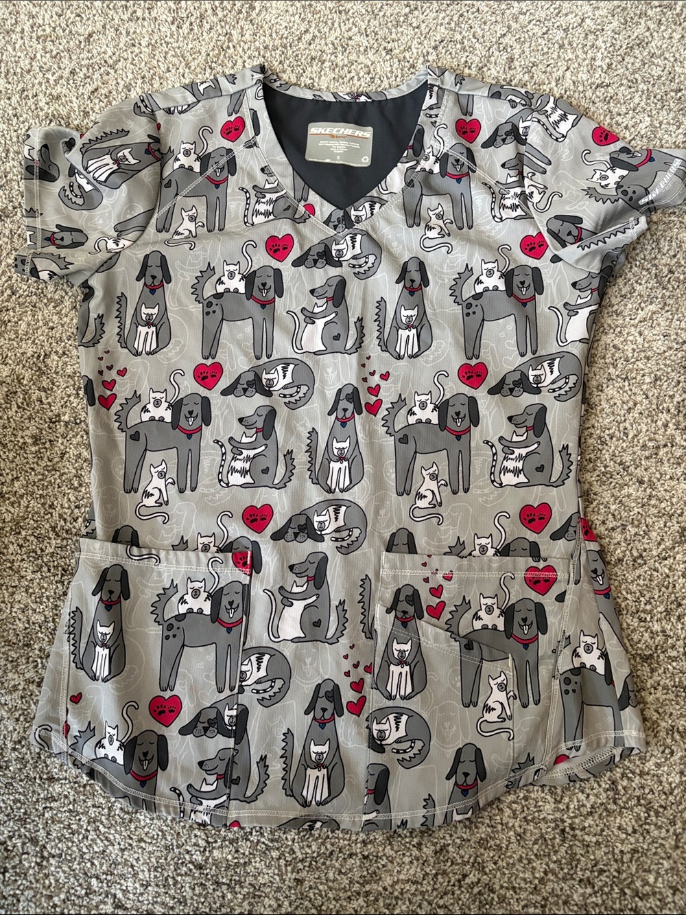 Skechers Gray Pet-Pattern Scrub Top with Red Heart Accents